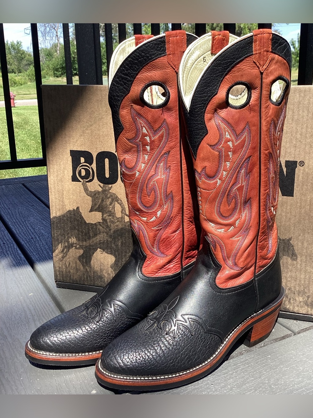 Hondo Men's 10D Black Bullhide & 15” Red embroidered leather uppers Cowboy Boots